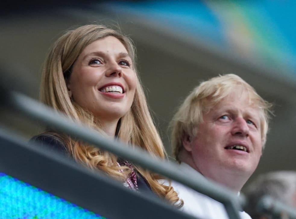 <p>Carrie Johnson and Boris Johnson at Euros final</p>