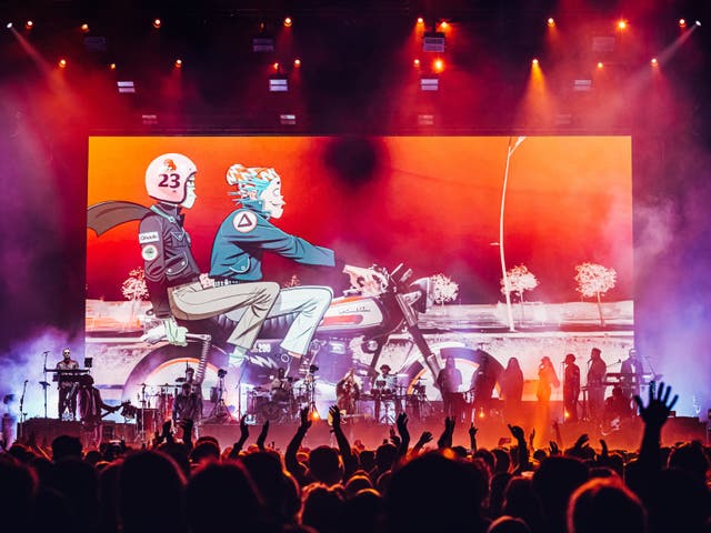 <p>The Gorillaz performing with Peter Hook at the O2 Arena in London </p>