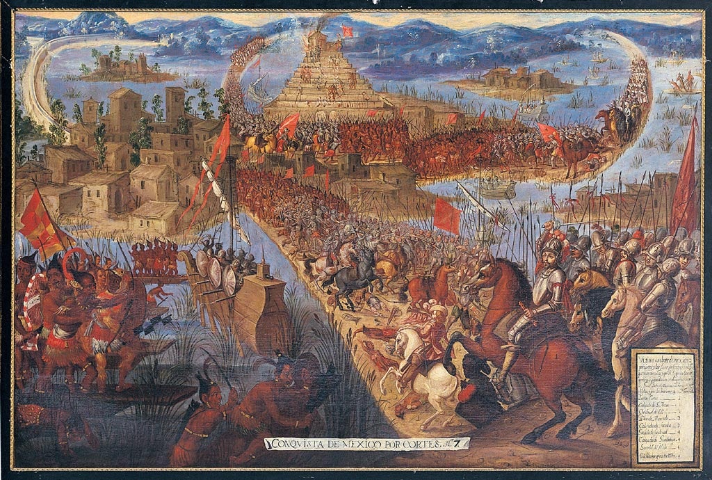 The August 1521 Spanish seizure of the capital of the Aztec Empire, as portrayed in a late 17th century Mexican painting