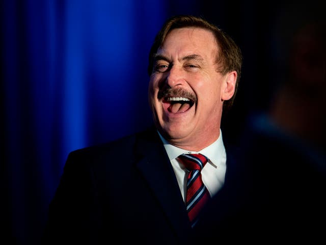 <p>My Pillow CEO Michael Lindell laughs during a press conference in Des Moines, IA, on February 3, 2020. </p>