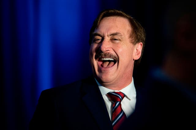 <p>My Pillow CEO Michael Lindell laughs during a press conference in Des Moines, IA, on February 3, 2020. </p>