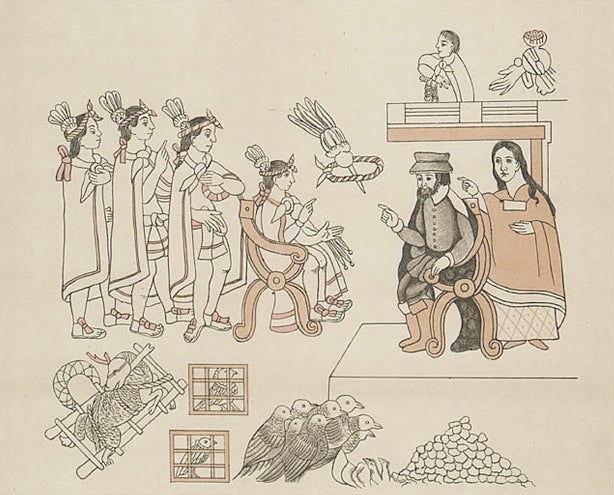 Empires in collision: the Spanish commander Hernán Cortés and his indigenous adviser, interpreter and lover, La Malinche negotiating with the Aztec emperor Moctezuma (Montezuma) in November 1519, as depicted in a 16th century indigenous manuscript
