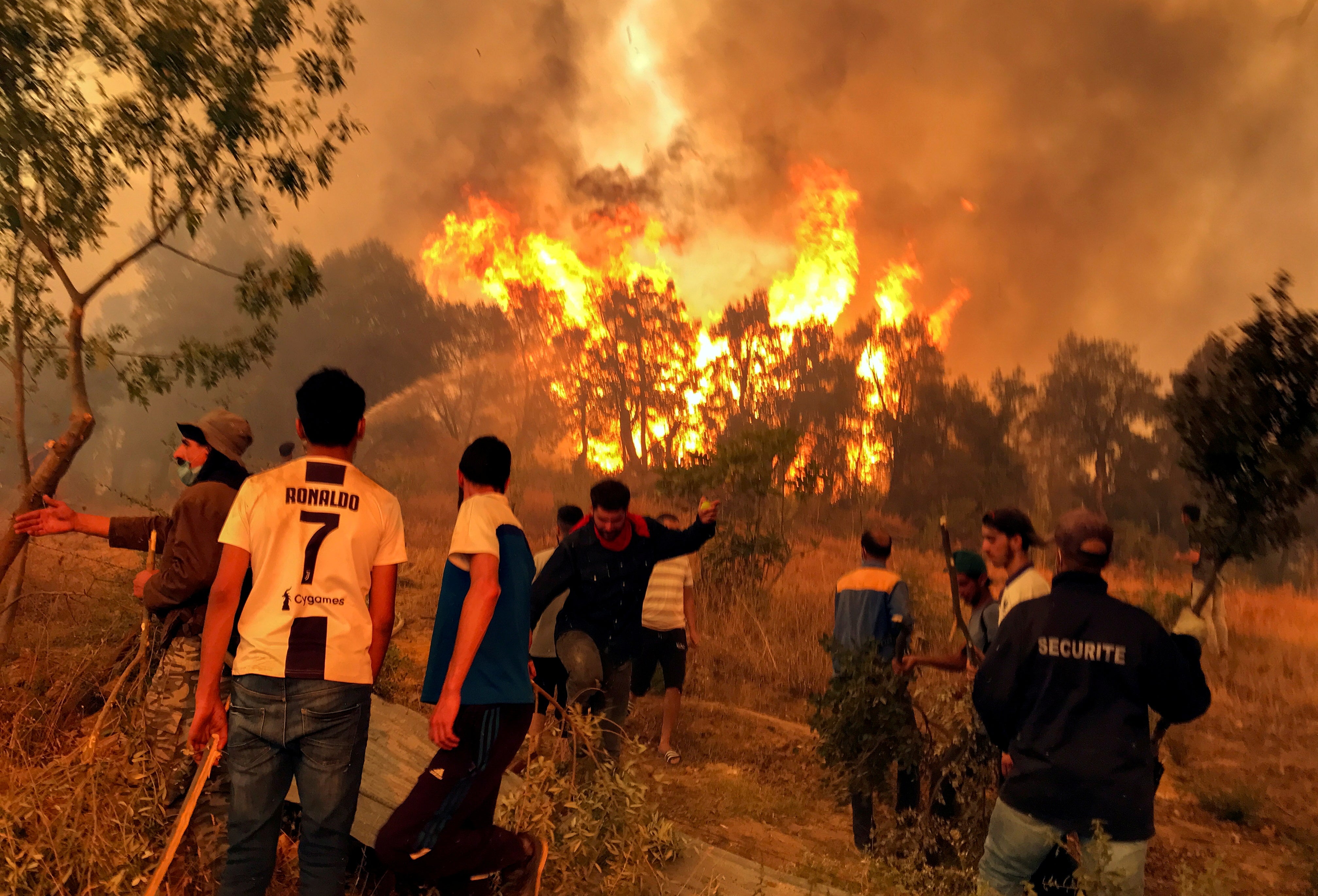 Villagers attempt to put out a wildfire in Algeria a month ago