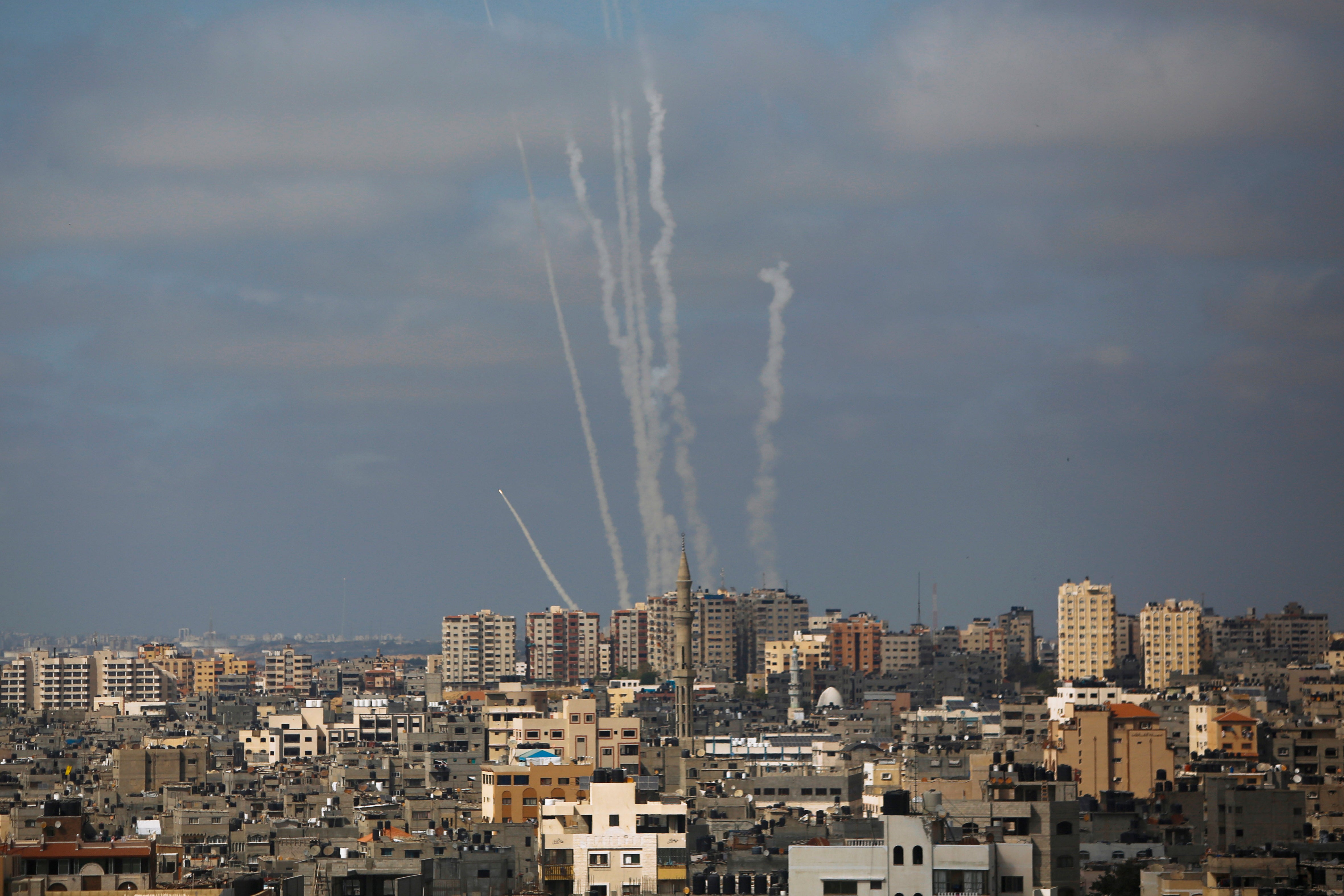 Rockets launched from the Gaza Strip towards Israel, in Gaza City in May