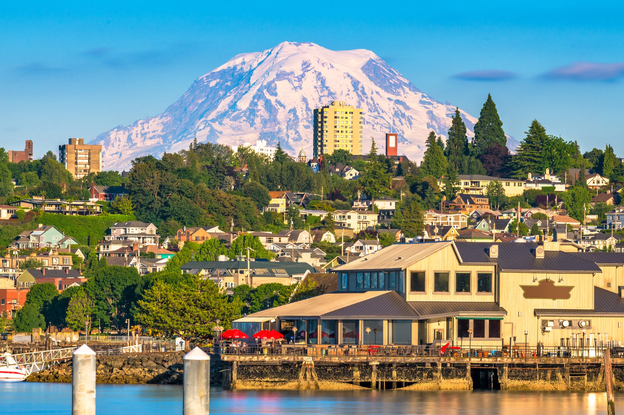 Tacoma, Washington, on Commencement Bay, with Mount Rainier in the distance