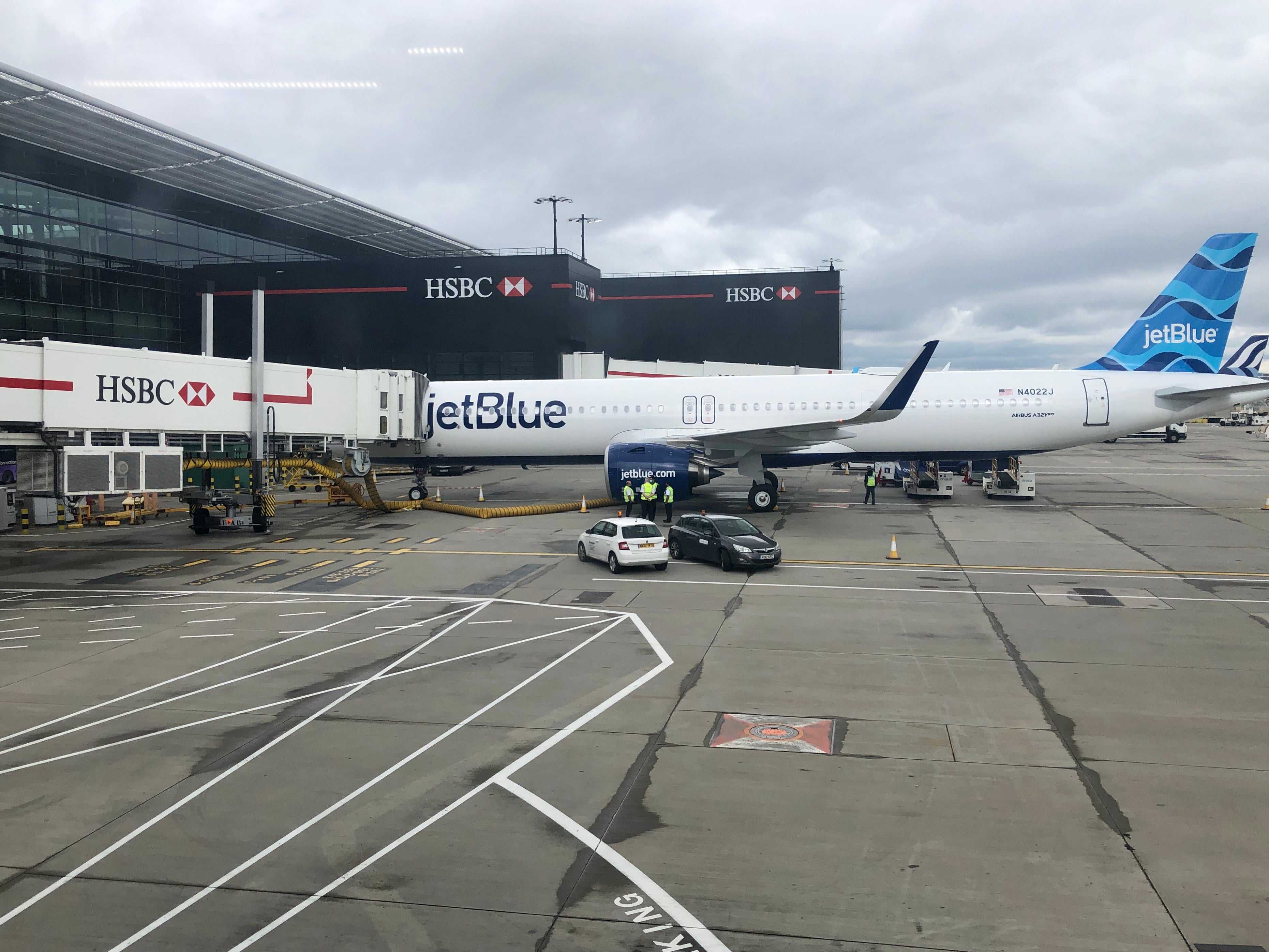 New jet: jetBlue’s Airbus waiting to depart from Heathrow to New York JFK
