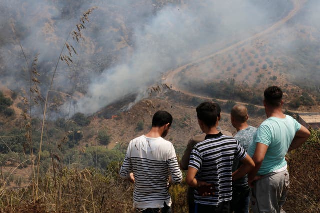 <p>Residents watch a fire near the village of Toudja, in the Kabyle region, East of Algiers</p>
