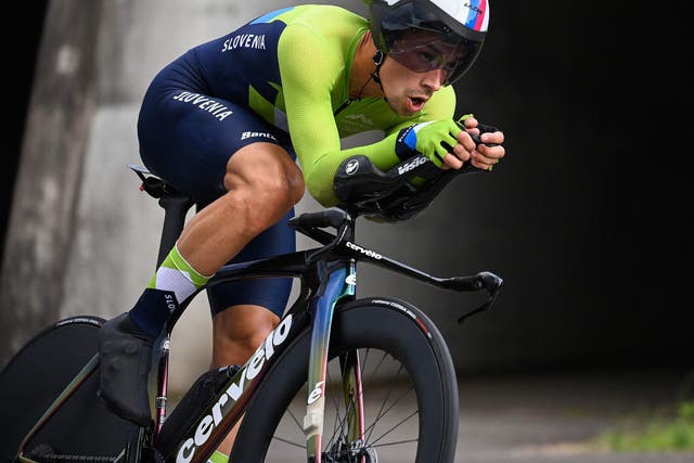 <p> Primoz Roglic competes in the men’s cycling road individual time trial during the Tokyo 2020 Olympic Games</p>