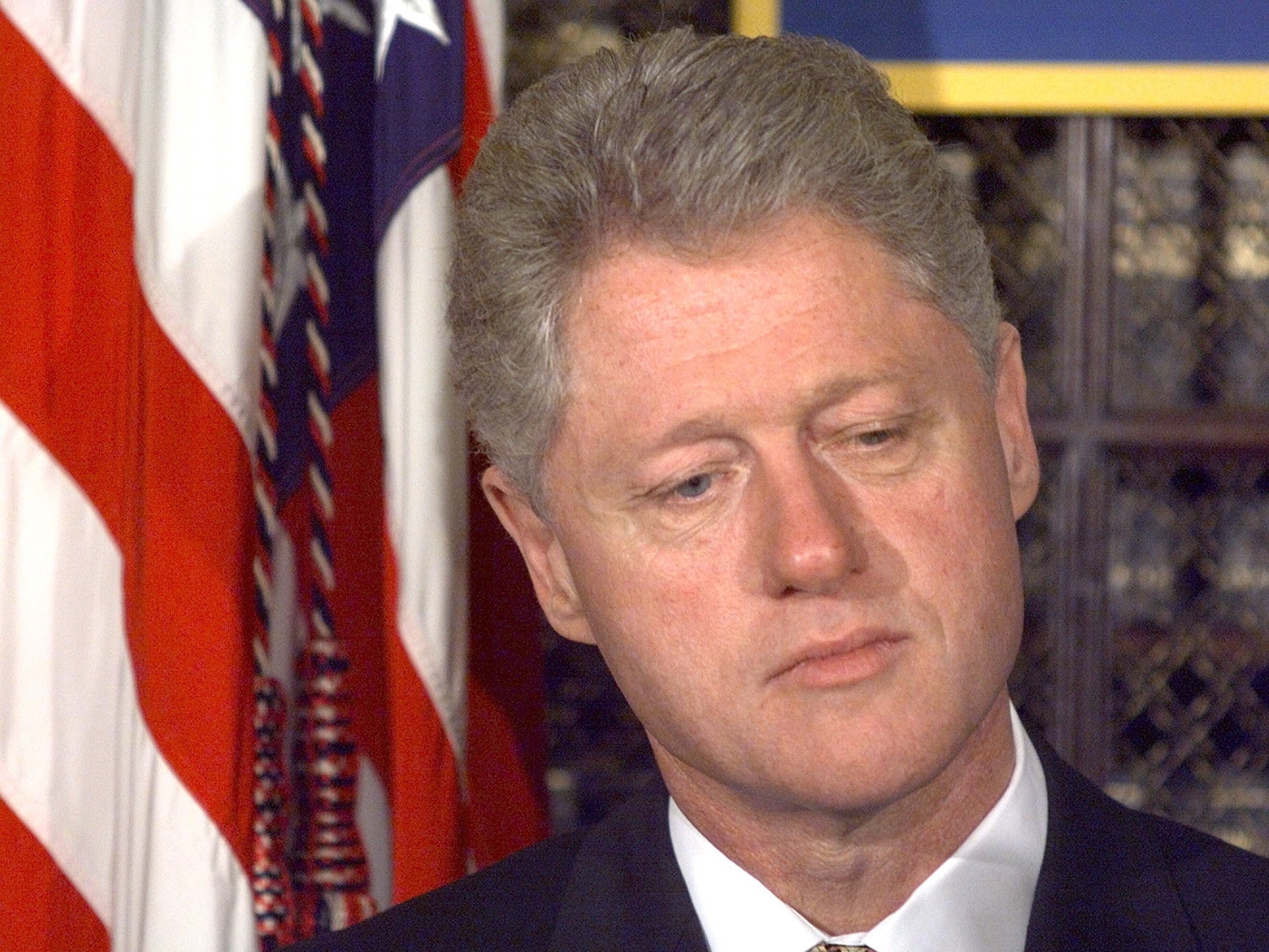 Bill Clinton in the Roosevelt Room of the White House as the House of Representatives conducts a full vote on whether to proceed with impeachment proceedings on 8 October 1998