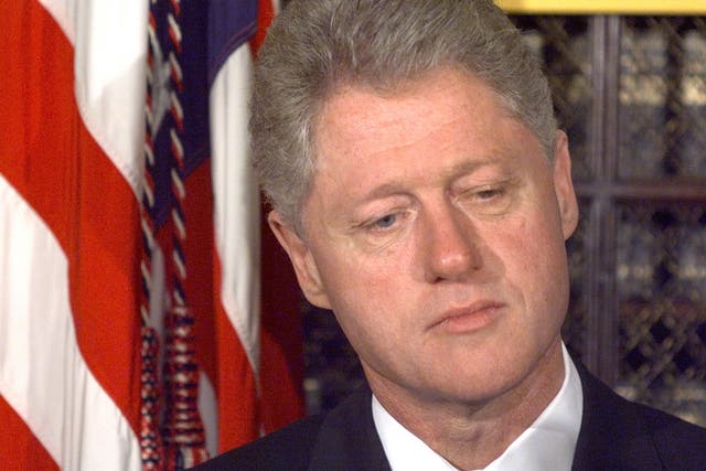 <p>Bill Clinton in the Roosevelt Room of the White House as the House of Representatives conducts a full vote on whether to proceed with impeachment proceedings on 8 October 1998</p>