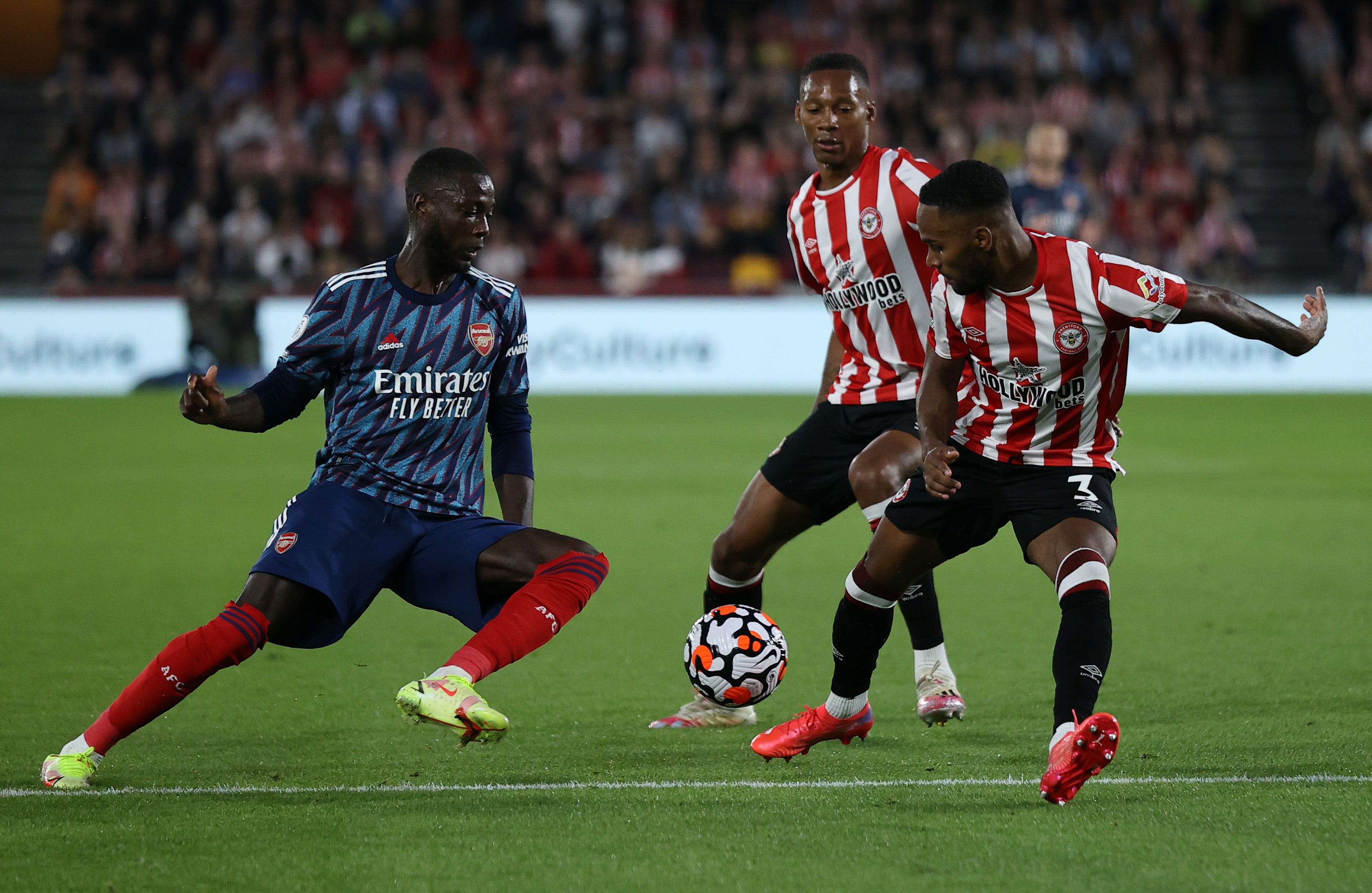 Nicolas Pepe was kept quiet by Brentford’s Rico Henry