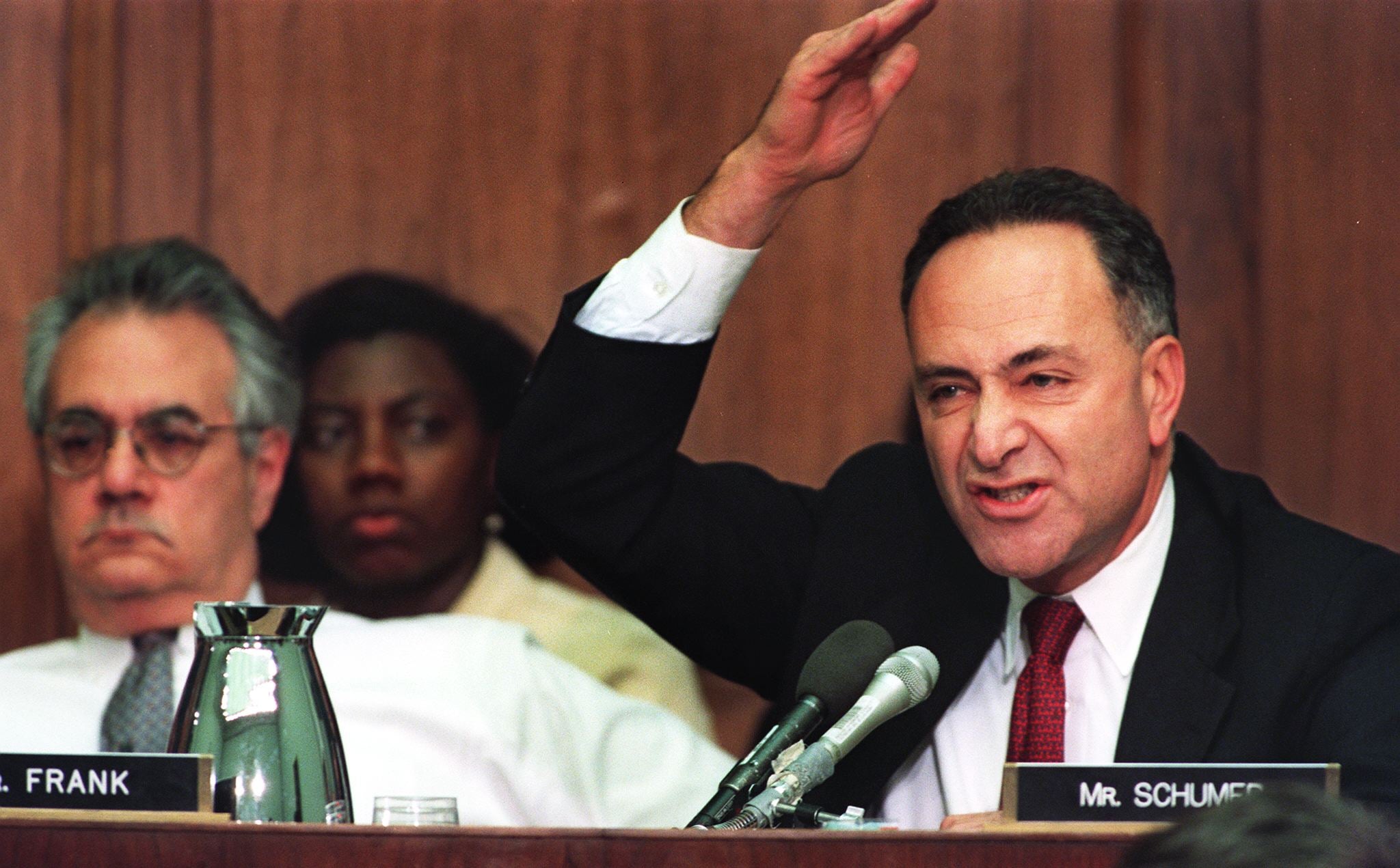 Then-Representive-elect Chuck Schumer, a Democrat from New York, argues for a no-vote on the first article of impeachment against Bill Clinton on 11 December 1998 on Capitol Hill in Washington, DC