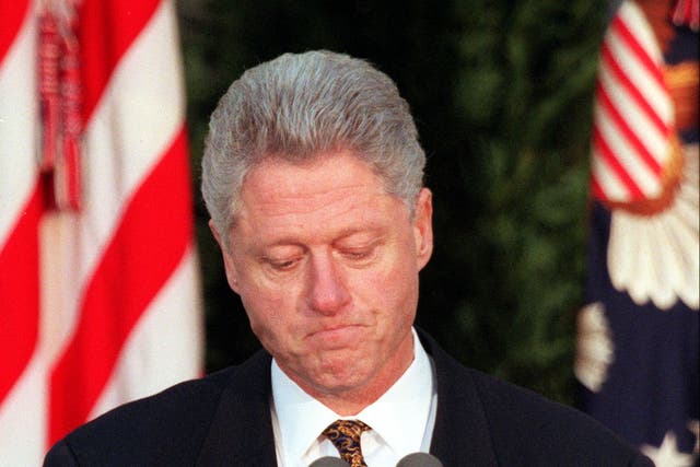 <p>Bill Clinton apologises to the nation from the Rose Garden of the White House on 11 December 1998 in Washington, DC</p>