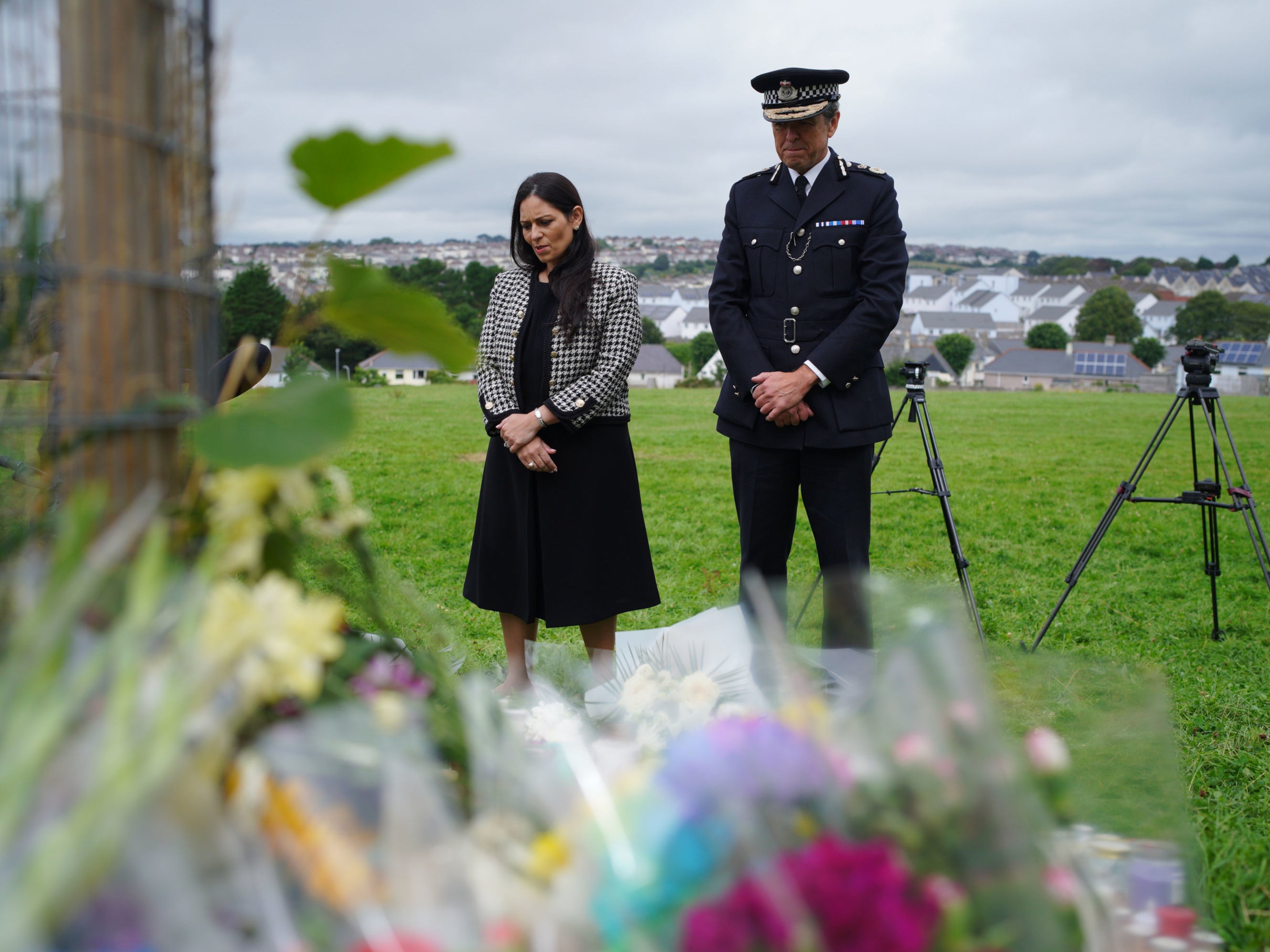 Home Secretary Priti Patel and Chief Constable of Devon and Cornwall Police, Shaun Sawyer, visiting the tributes in Plymouth, Devon