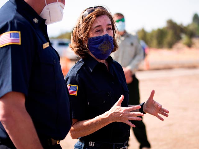 <p>Oregon Governor Kate Brown at the southern edge of the Bootleg Fire, in Klamath County on 28 June, 2021</p>