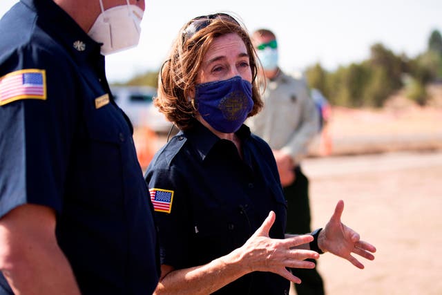 <p>Oregon Governor Kate Brown at the southern edge of the Bootleg Fire, in Klamath County on 28 June, 2021</p>