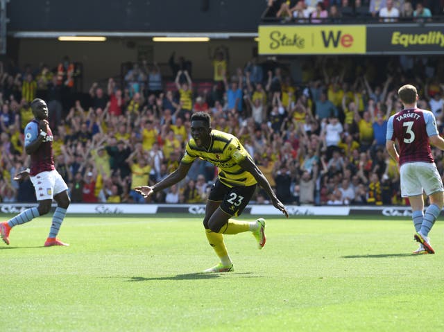 <p>Ismaila Sarr after scoring Watford’s second goal</p>