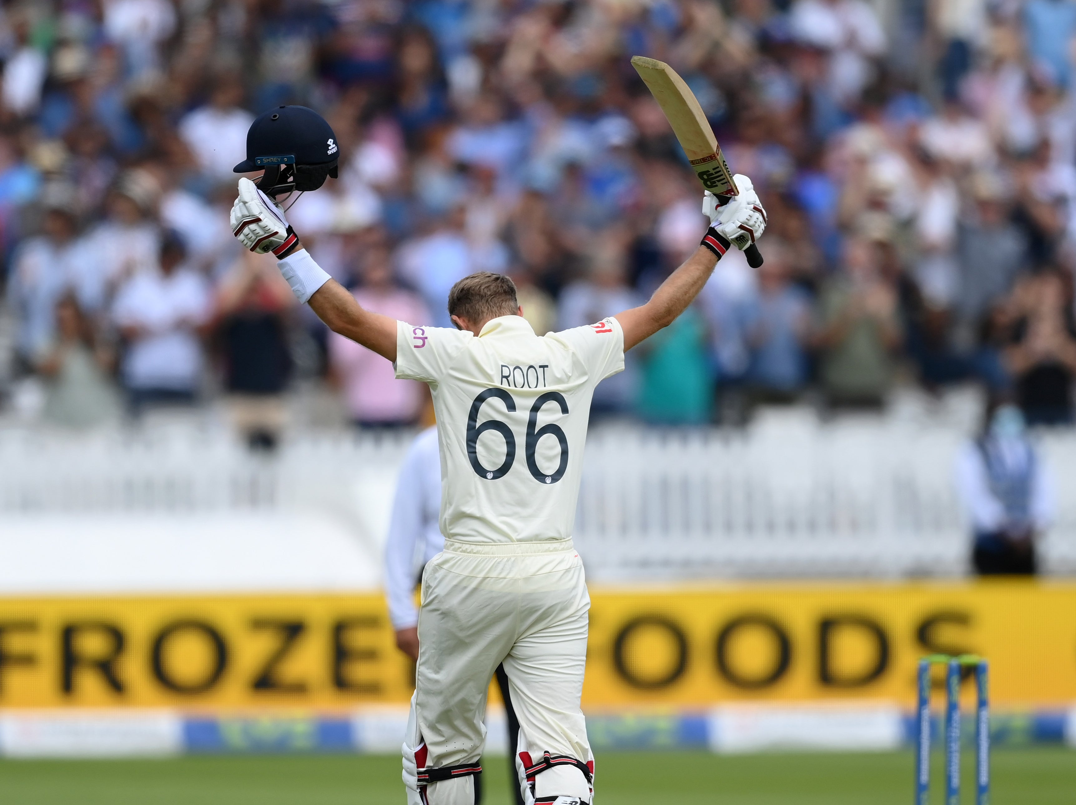 Joe Root celebrates his century en route to an unbeaten 180