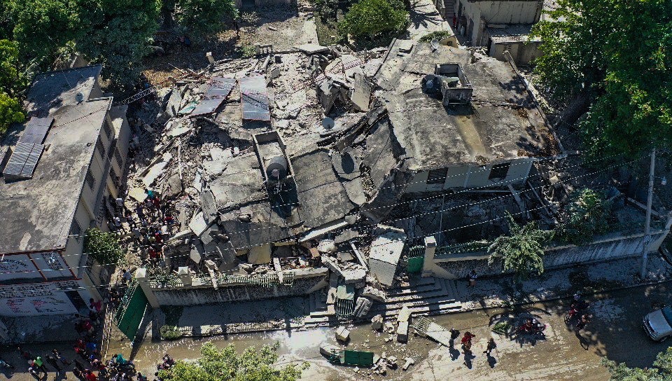 A drone photograph of the damage caused by a 7.2 magnitude earthquake in Los Cayos, Haiti, on Saturday
