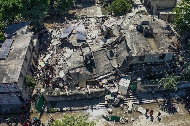 <p>A drone photograph of the damage caused by a 7.2 magnitude earthquake in Los Cayos, Haiti, 14 August 2021</p>