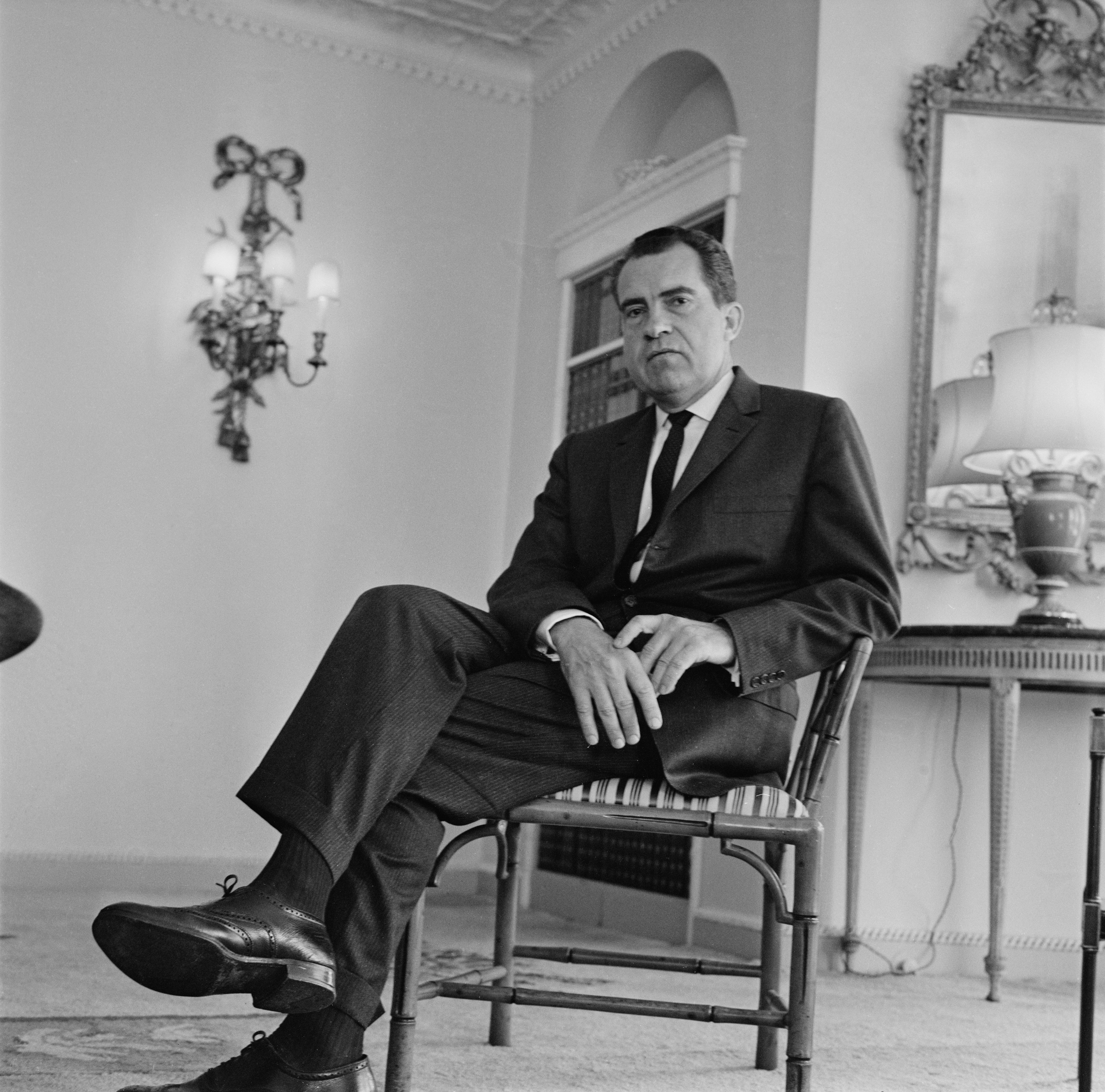 Richard Nixon (1913-1994) in a room at the Dorchester Hotel in London on 7 August 1963