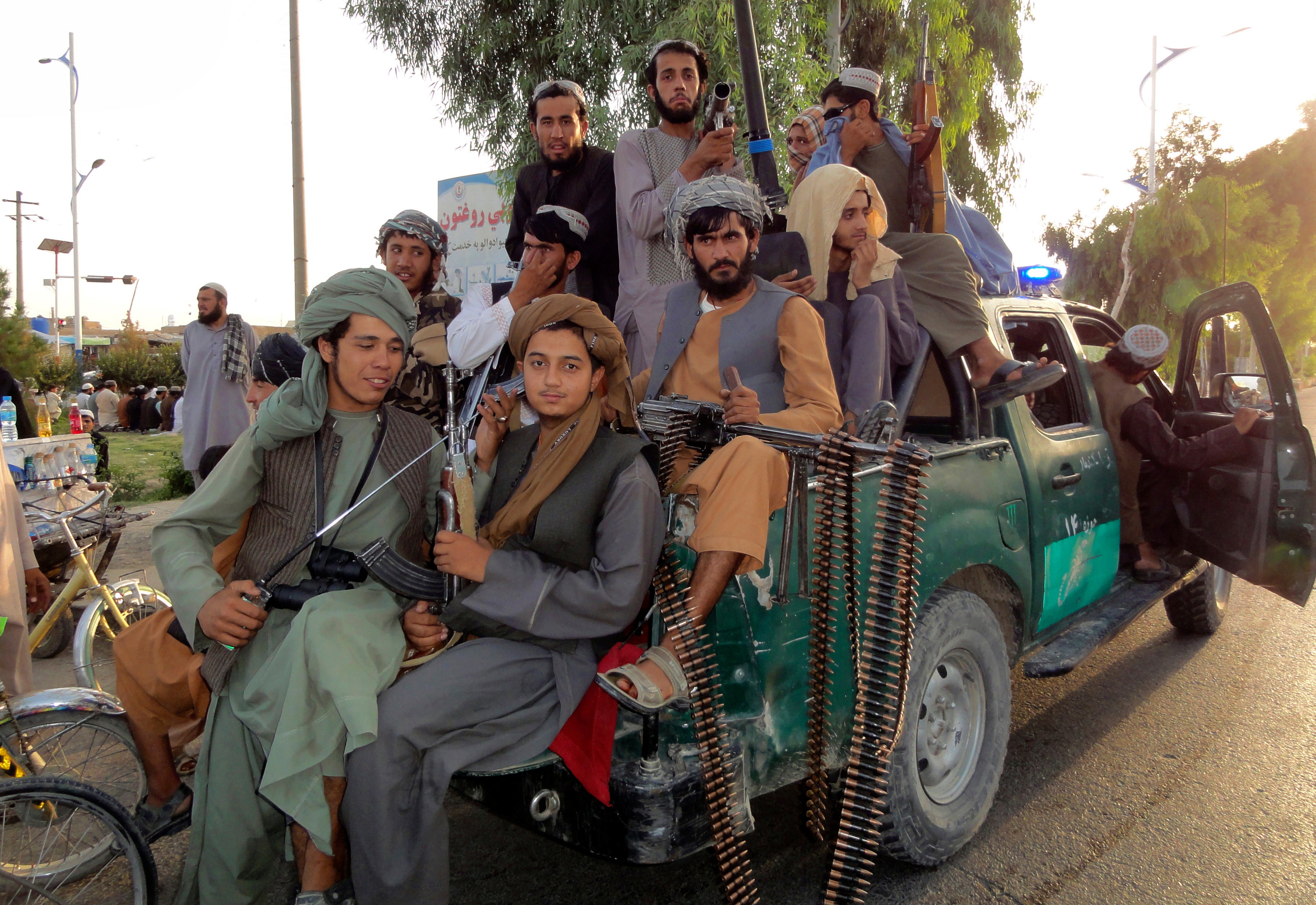 Taliban fighters on patrol inside the city of Kandahar