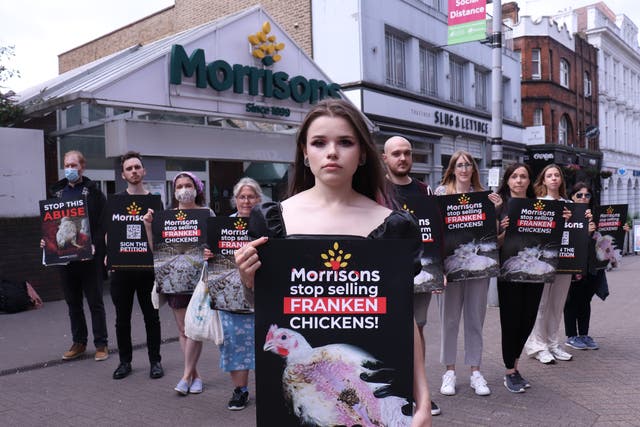 <p>Protests have been held at more than a dozen Morrisons stores amid allegations the supermarket chain sells “Frankenchickens”</p>