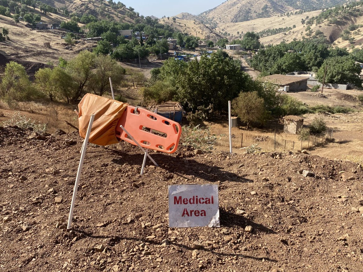 An area marked out for medical use on the edge of the minefield