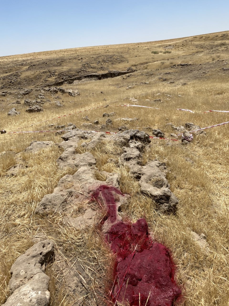 In the hills above Gazakan, MAG use red paint to mark the location of a mortar found by shepherd Raad Faris