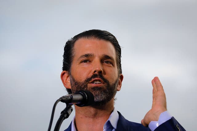 <p>Donald Trump Jr speaks at a political rally </p>