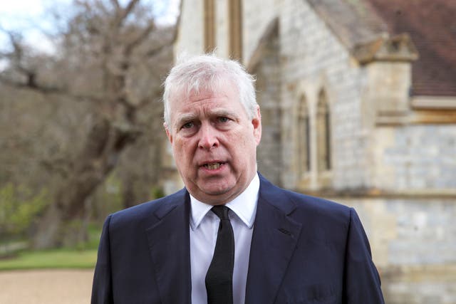 <p>Prince Andrew, Duke of York, attends the Sunday Service at the Royal Chapel of All Saints, Windsor, following the announcement on Friday April 9th of the death of Prince Philip, Duke of Edinburgh, at the age of 99, on April 11, 2021 in Windsor, England</p>