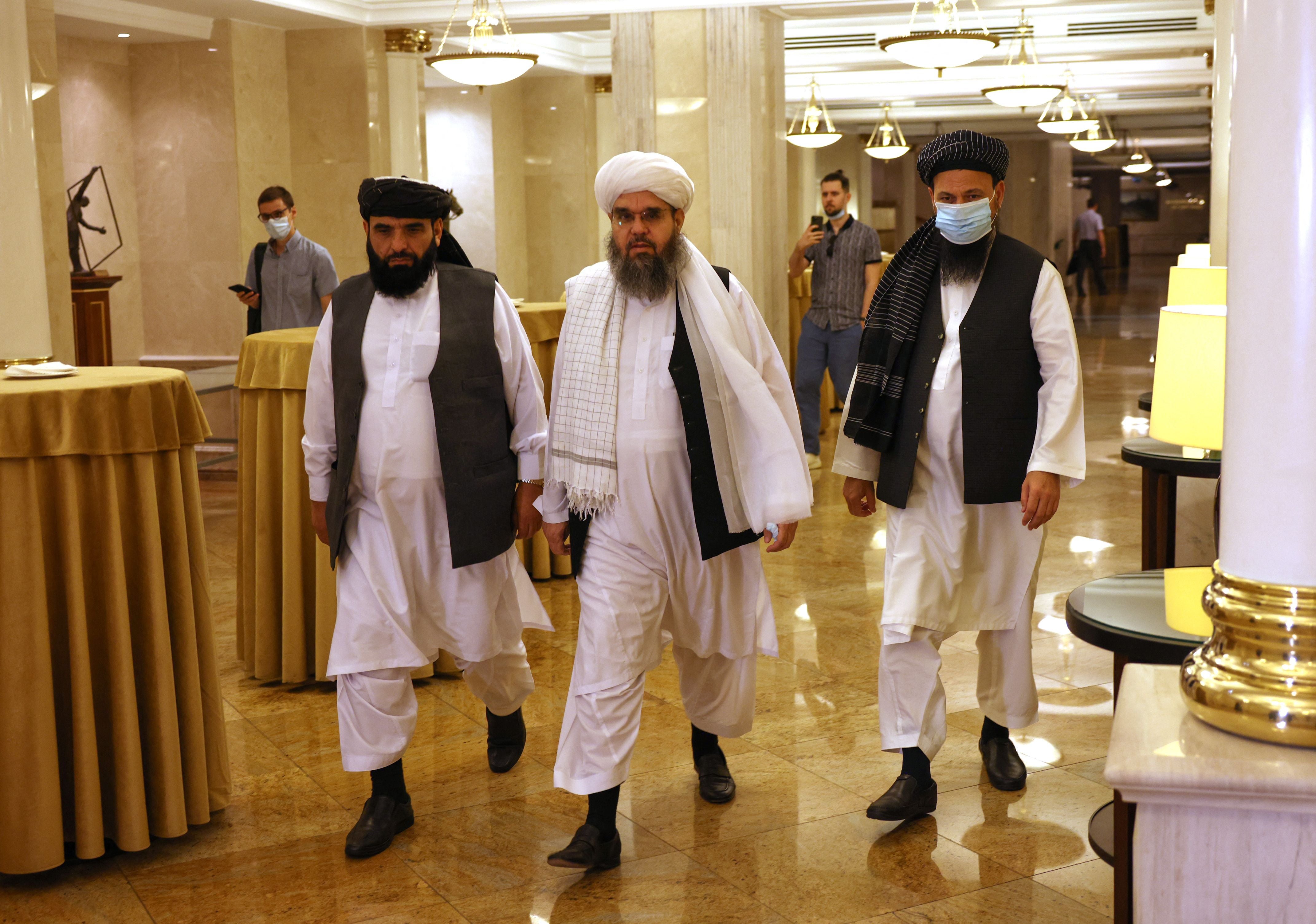 Taliban leaders and negotiators attend a press conference in Moscow on 9 July 2021