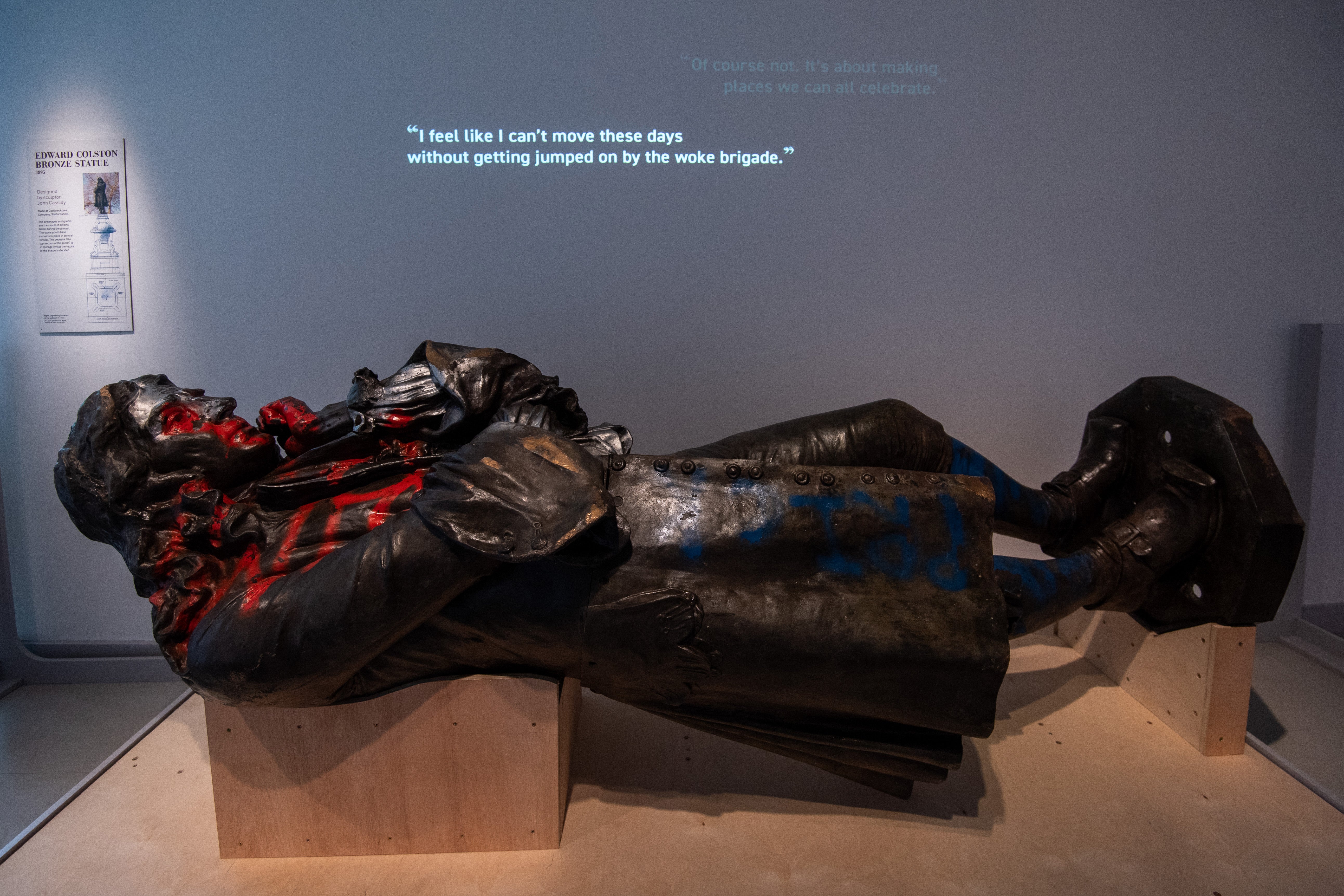 The toppled statue of Edward Colston lying in the M Shed museum, Bristol