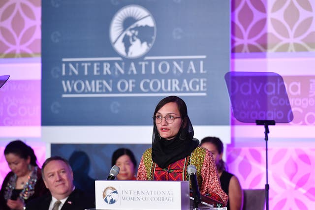 <p>Zarifa Ghafari speaks  during the annual International Women of Courage Awards ceremony in Washington, DC on 4 March 2020</p>