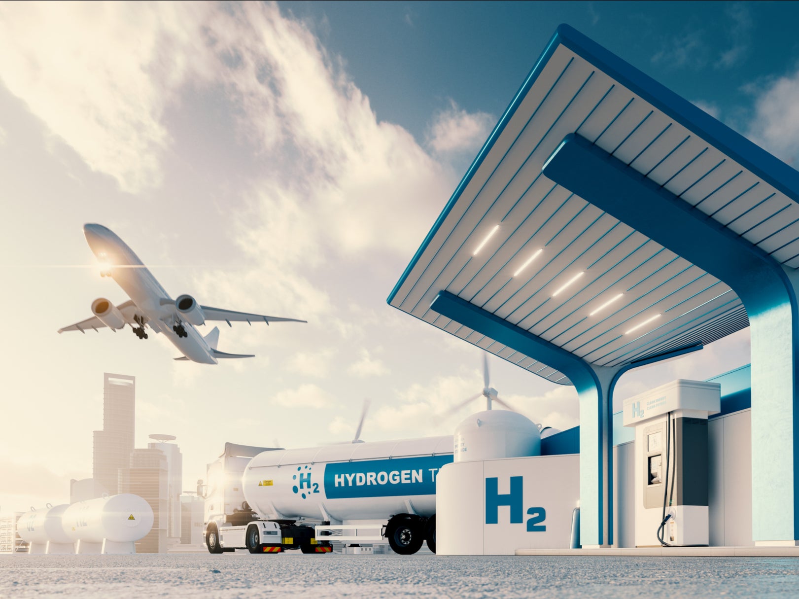 Hydrogen gas station with lorry and aeroplane