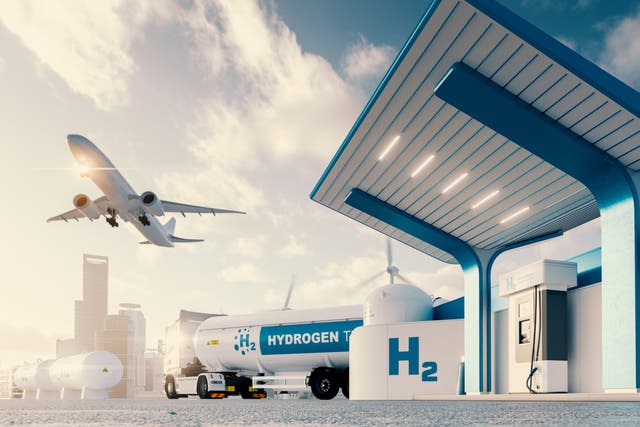 <p>Hydrogen gas station with lorry and aeroplane </p>