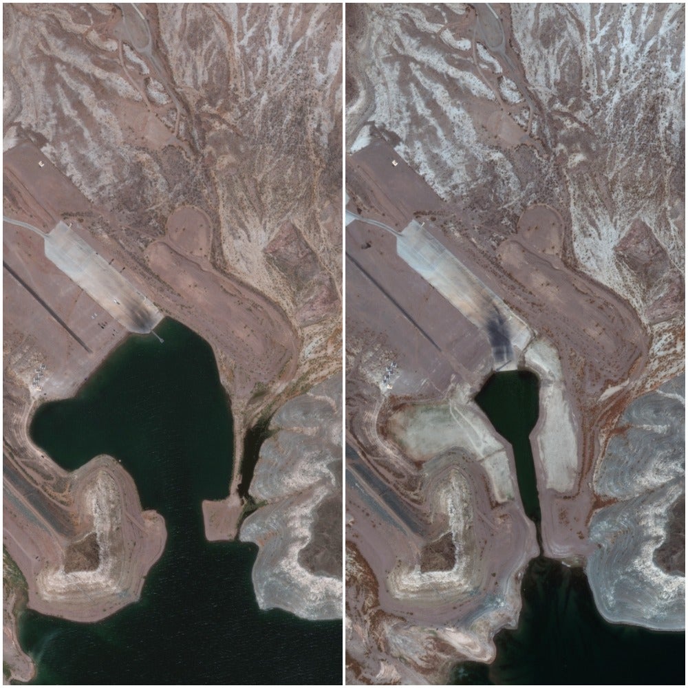 <p>Pictured left, a boat launch ramp on Lake Mead in May 2020. Pictured right, the same boat launch ramp in July 2021</p>