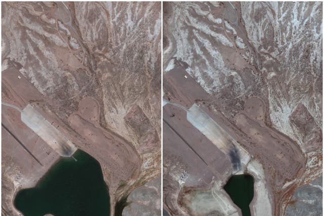 <p>Pictured left, a boat launch ramp on Lake Mead in May 2020. Pictured right, the same boat launch ramp in July 2021</p>