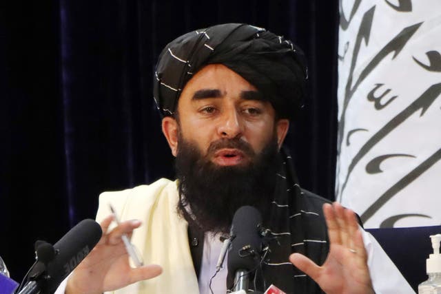 <p>Taliban spokesman Zabihullah Mujahid speaks during a news conference in Kabul, Afghanistan August 17, 2021</p>