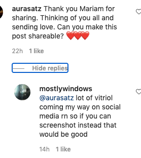 Screenshot of Mariam Ghani’s reply to a user on her Instagram post