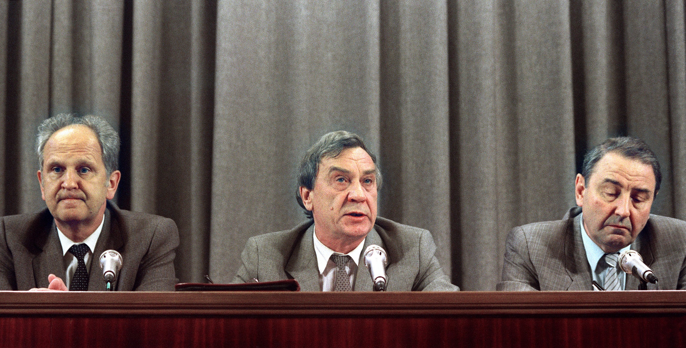 From left: Soviet interior minister Boris Pugo, Soviet vice-president Gennady Yanayev, and Oleg Baklanov, the first vice-president of the Soviet Defence Council, the members of the self-styled ‘committee for the state of emergency’, which headed the coup, in a press conference on 19 August 1991 in Moscow