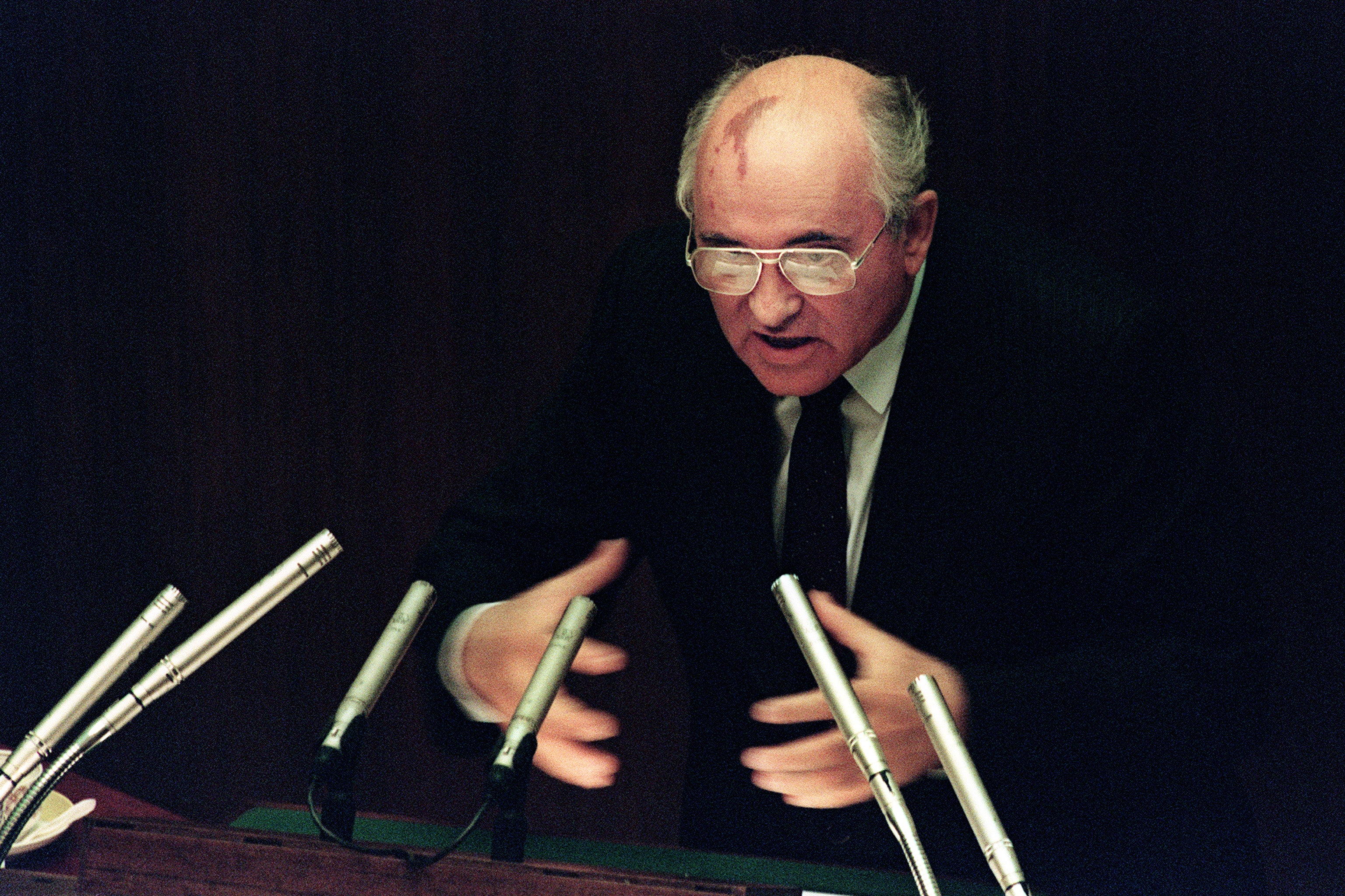 Former Soviet president Mikhail Gorbachev at the extraordinary session of the Supreme Soviet in Moscow on 27 August 1991. The coup attempt would have lasting implications for Russia and the Soviet Union