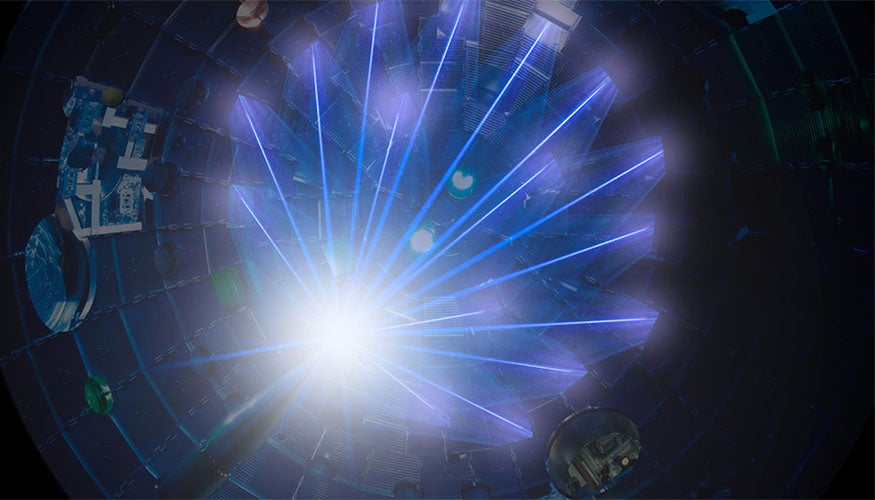 NIF’s high-energy laser beams converge on a target at the centre of the target chamber