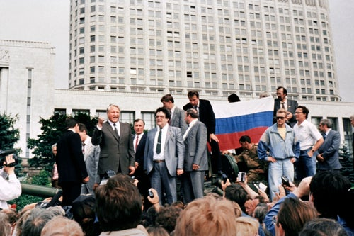 Boris Yeltsin addresses crowds from an army tank