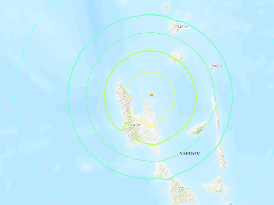 A USGS map shows the epicentre of the earthquake off the coast of Vanuatu.