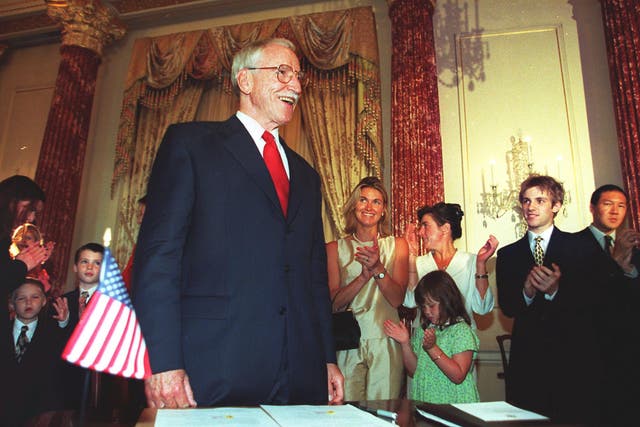 <p>Family and friends applaud James Hormel after he is sworn in as US ambassador to Luxembourg at the State Department in Washington in 1999 </p>