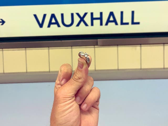 <p>James Flude found an engagement ring on a platform in Vauxhall London Underground station and is searching for its rightful owner</p>