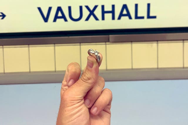 <p>James Flude found an engagement ring on a platform in Vauxhall London Underground station and is searching for its rightful owner</p>