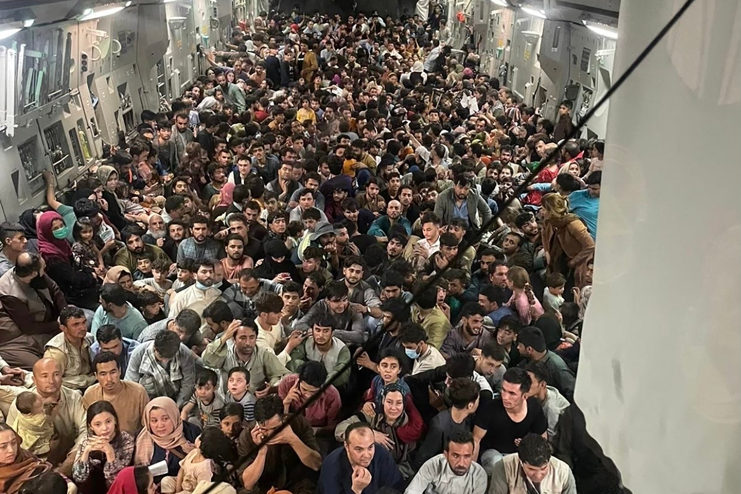 The inside of Reach 871, a U.S. Air Force C-17 Globemaster III flown from Kabul to Qatar on 15 August 15, 2021. The plane safely evacuated some 640 Afghans from Kabul late Sunday, according