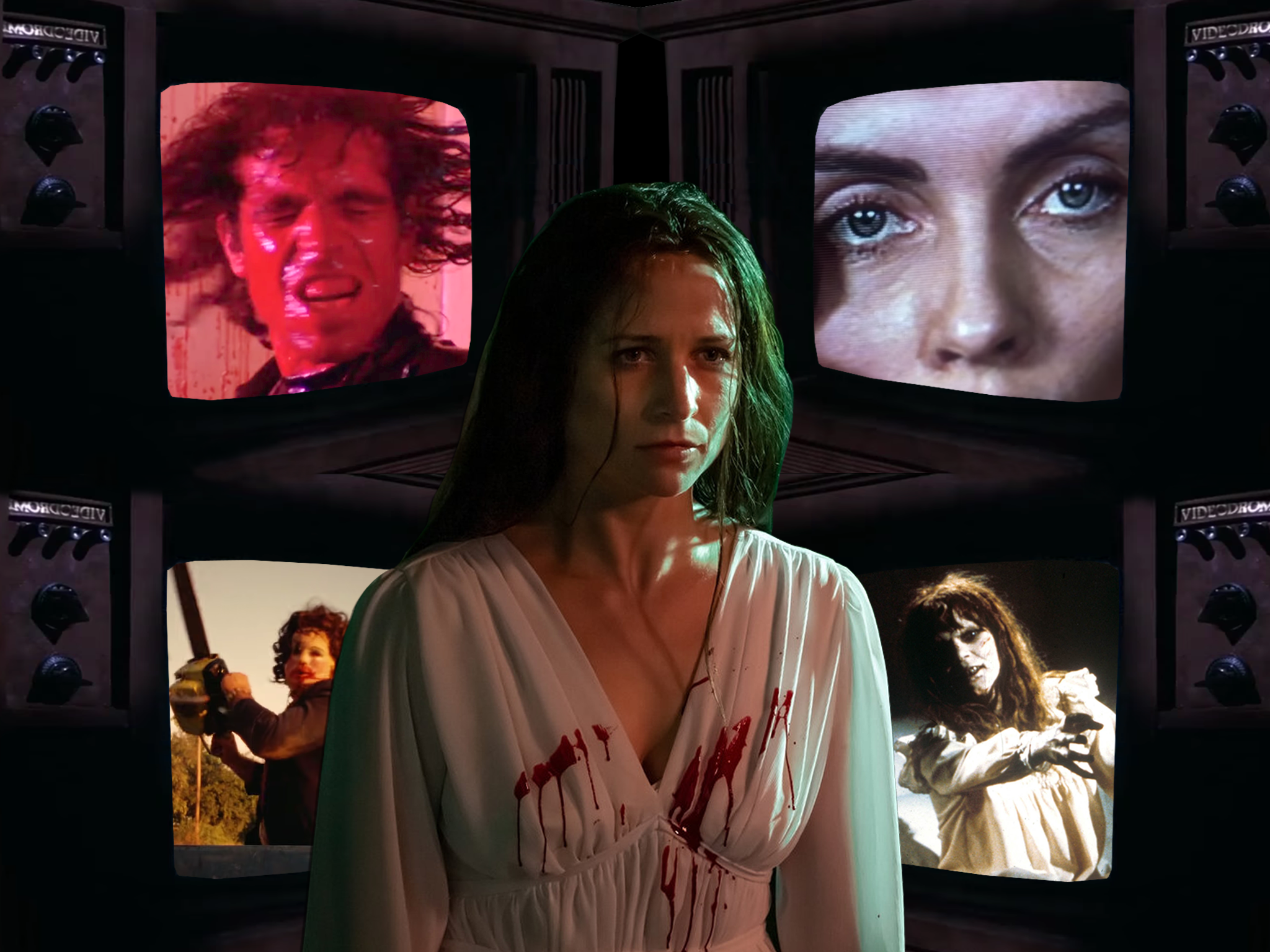 Niamh Algar in ‘Censor’ (centre), and scenes from (clockwise from top right) ‘Videodrome’, ‘The Exorcist’, ‘The Texas Chain Saw Massacre’ and ‘The Driller Killer'